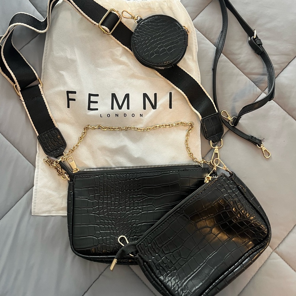 Black Croc-Embossed Crossbody Bag Set